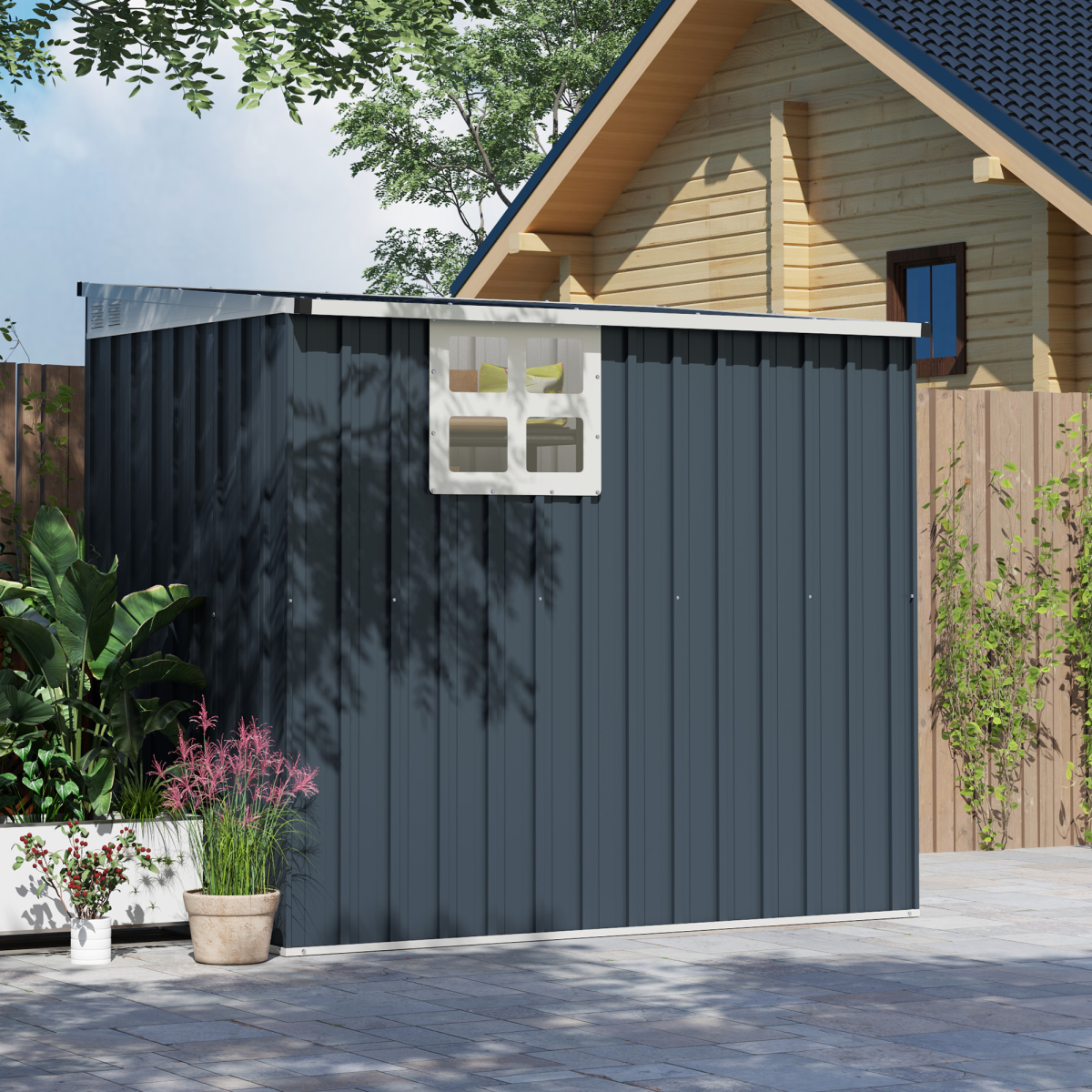 Outsunny 4 x 6ft Outdoor Garden Storage Shed with Window, Dark Grey
