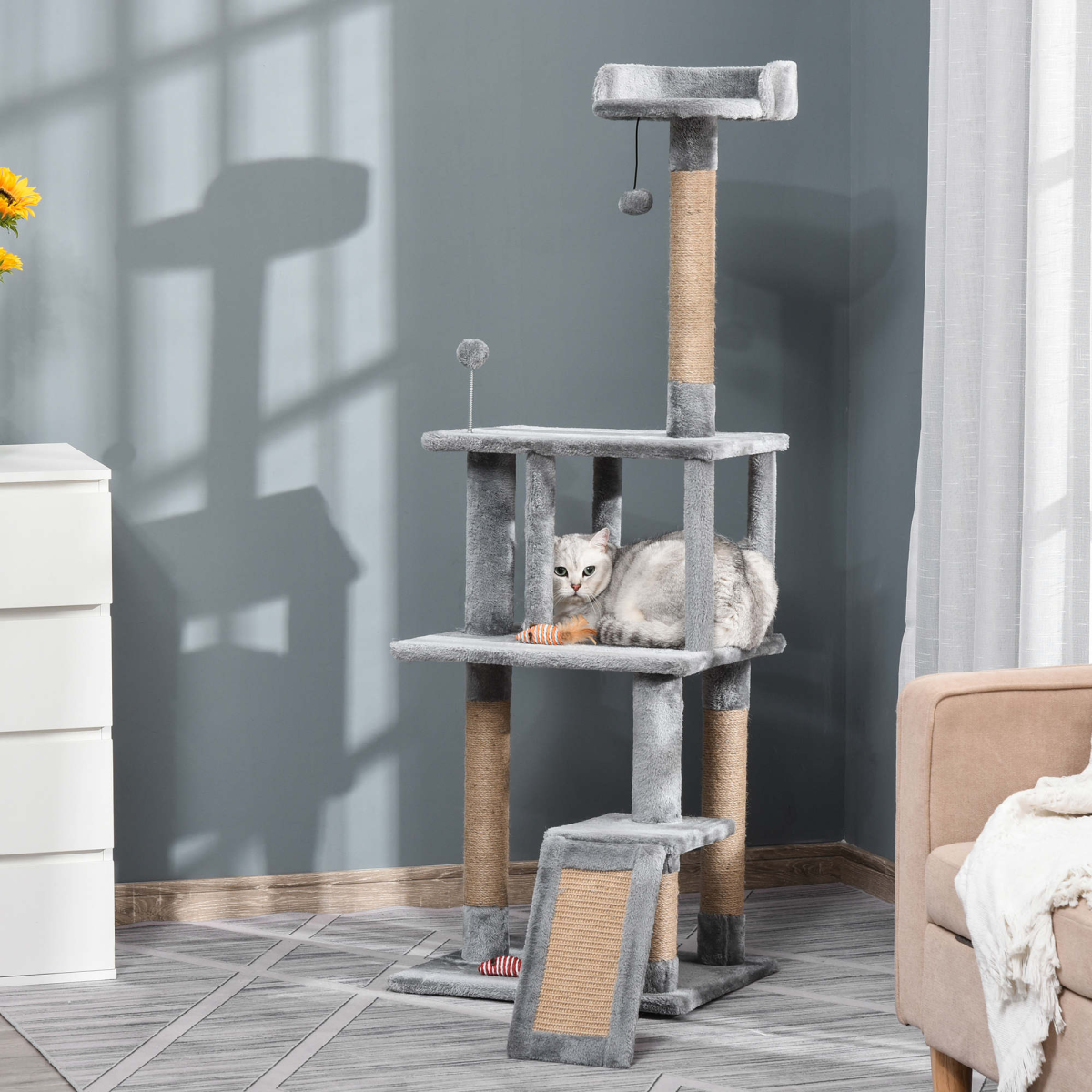 Cat Tree Tower Climbing Kitten Activity Center with Jute Scratching Post, Grey