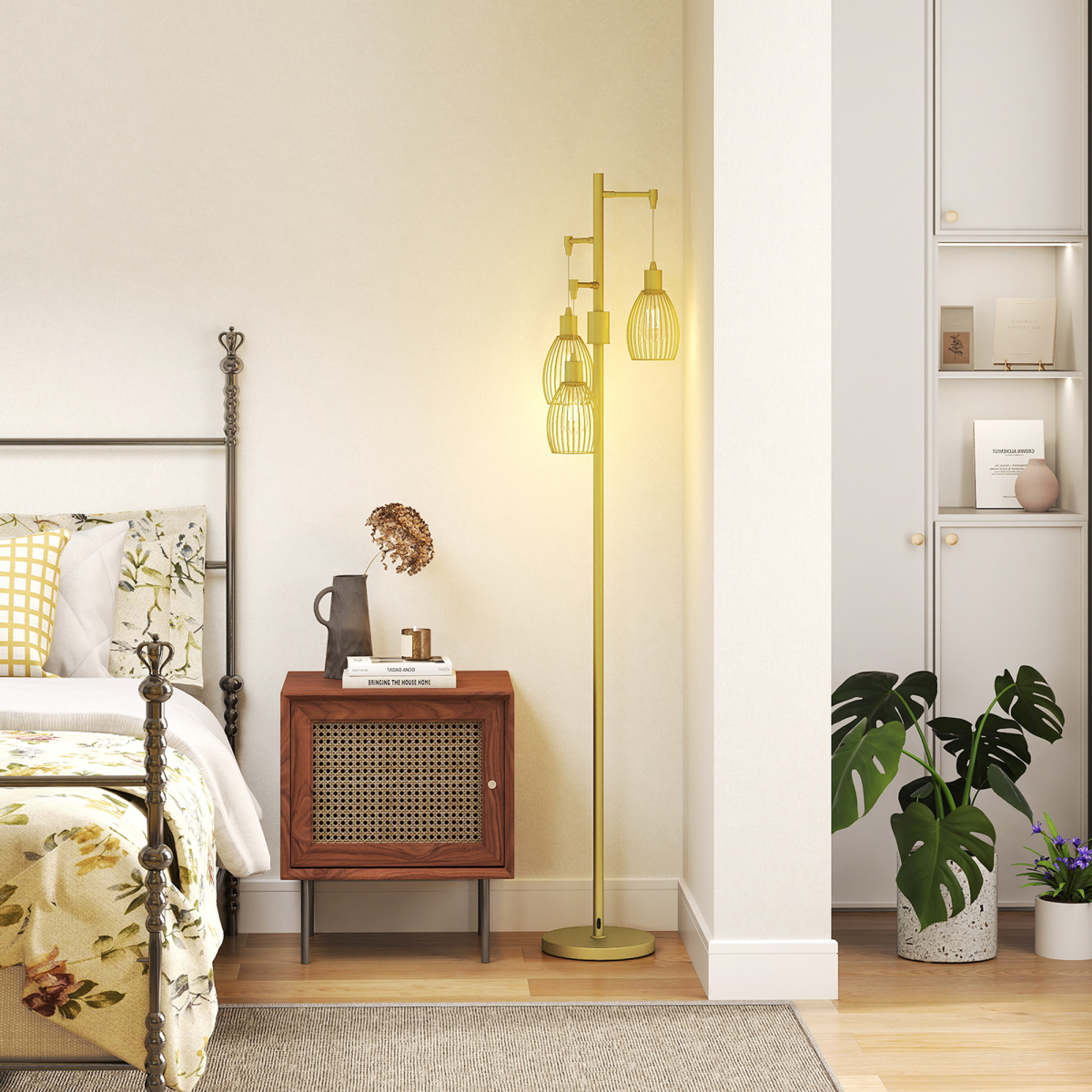 HOMCOM Industrial 3-Light Floor Lamp Dimmable Standing Lamp, Gold