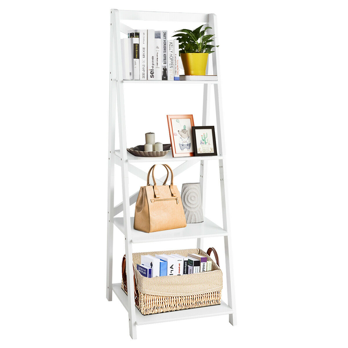 4 Tier Wooden Ladder Shelving Unit-Black