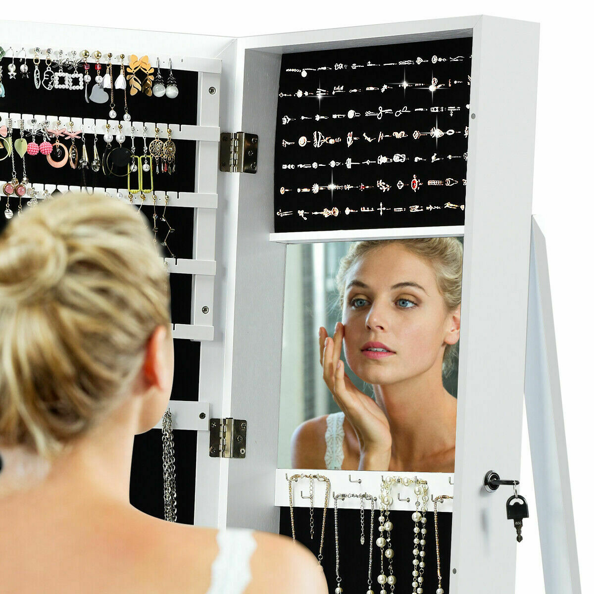 3-in-1 Mirrored Jewelry Armoire with Display Shelves-Black