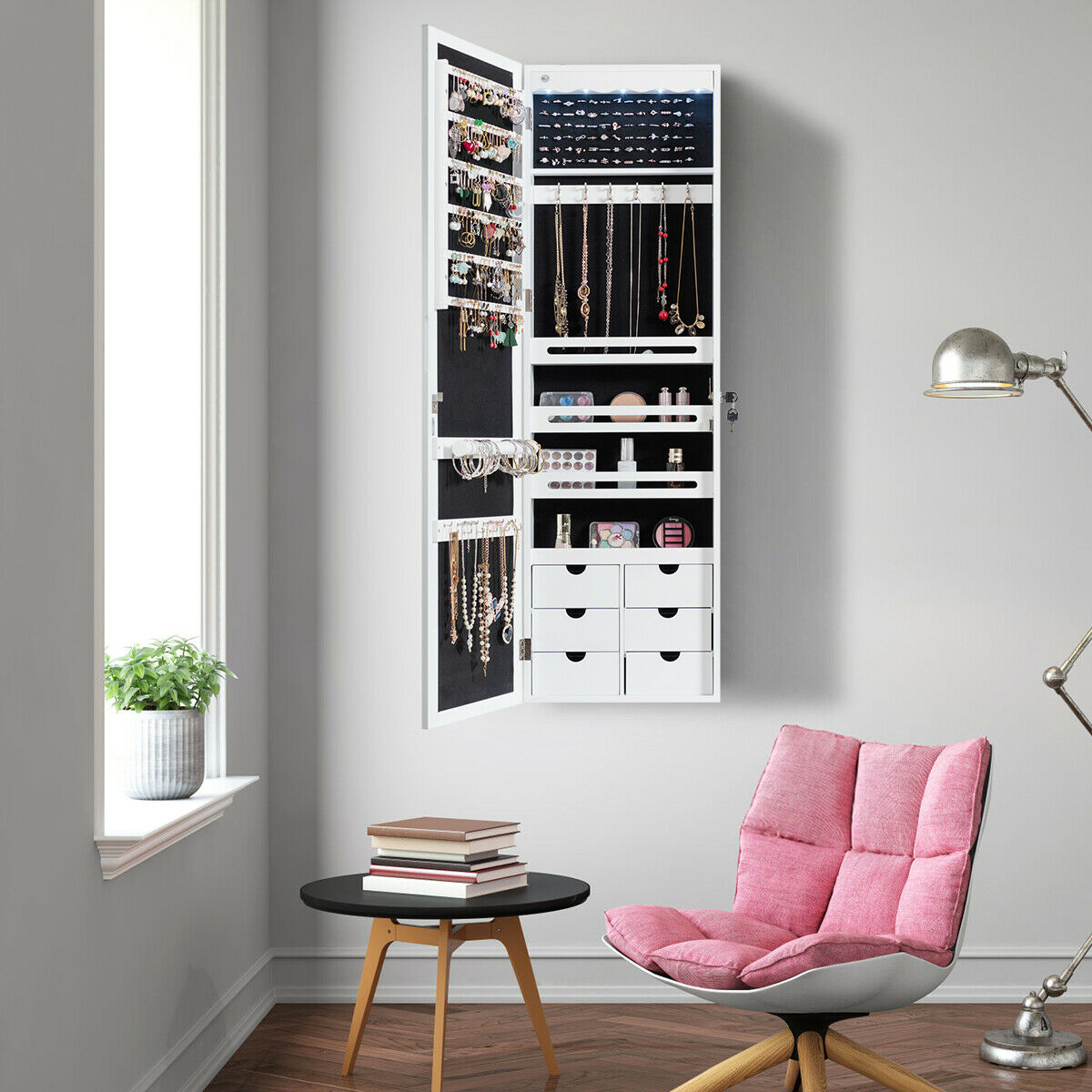 Wall Mounted Jewellery Armoire with LED Light-Black