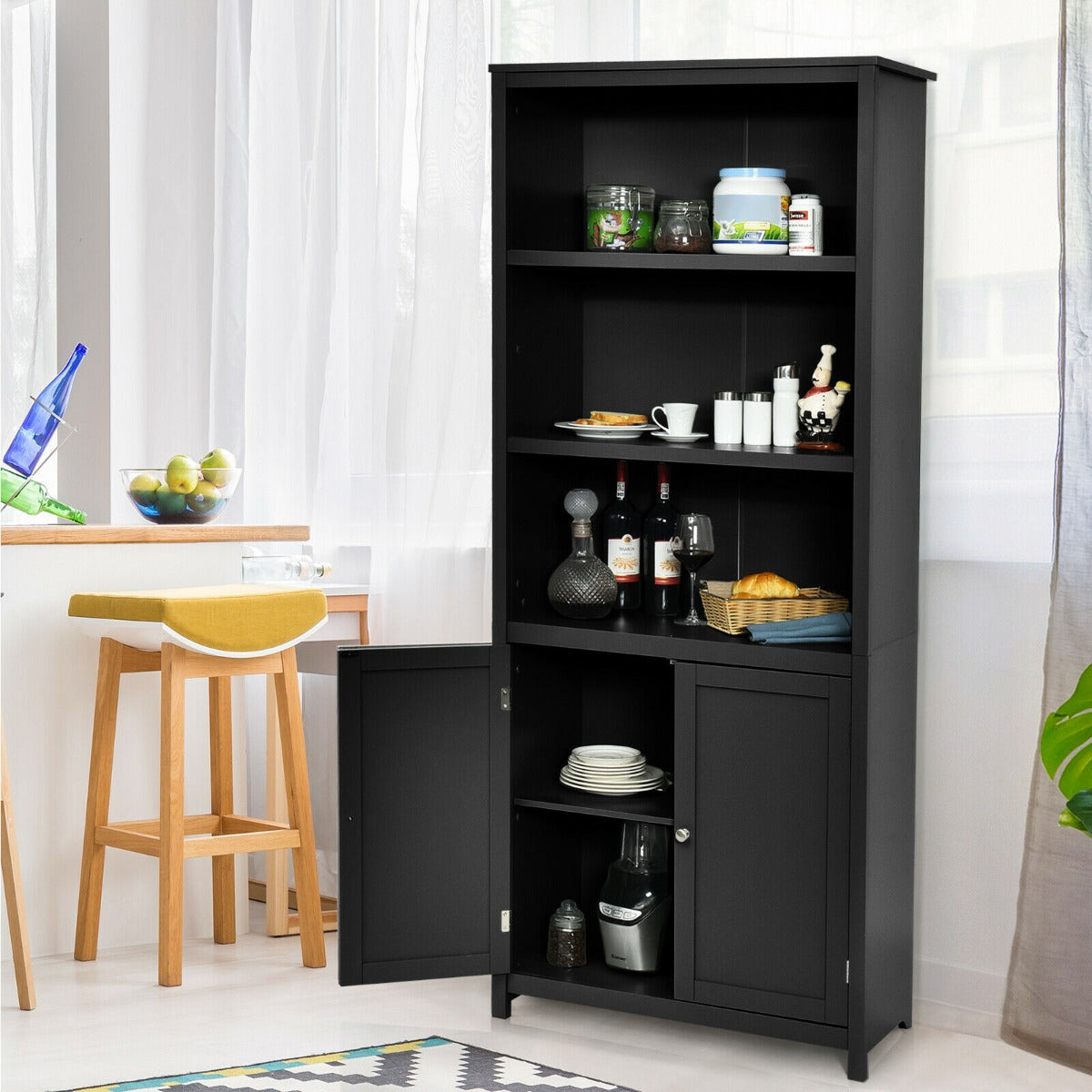 Wooden Tall Bookcase with 3-Tier Storage Cabinet-Grey