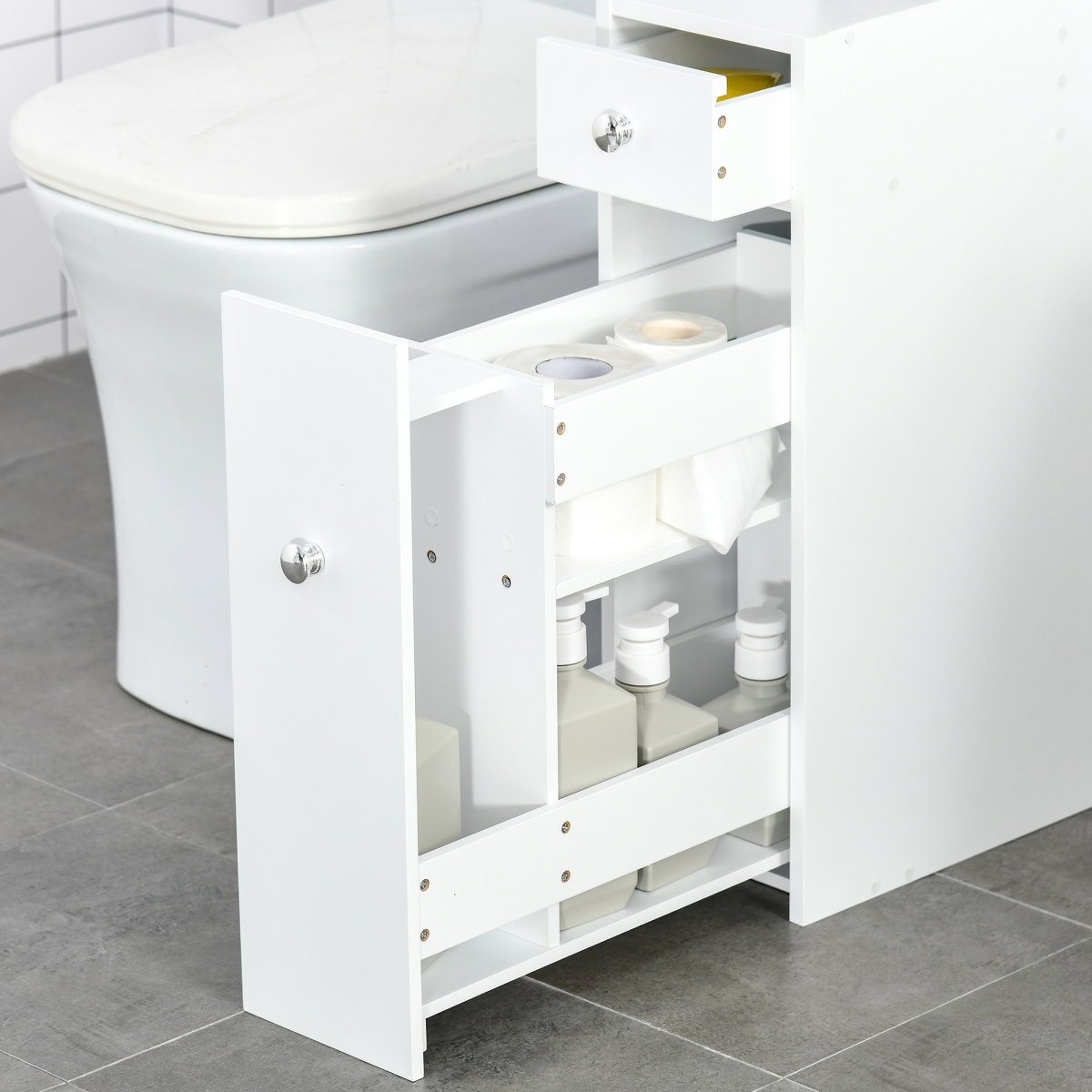 HOMCOM Slim Floor Cabinet Narrow Wooden Storage with Drawers Bathroom White