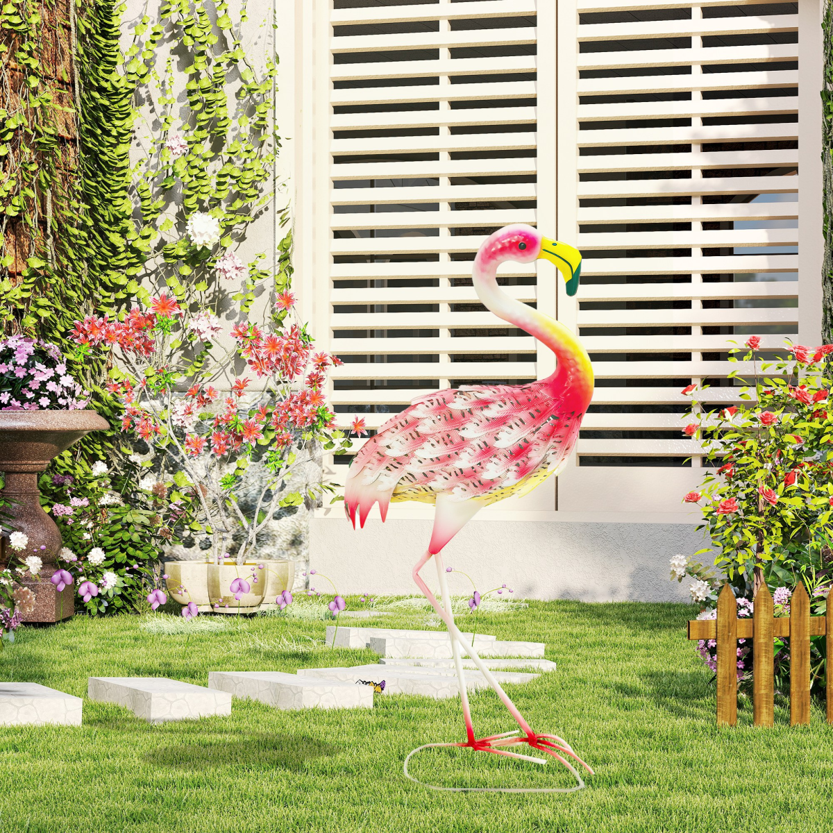 Outsunny Flamingo Garden Statue, Metal Garden Ornament with Stakes, Pink