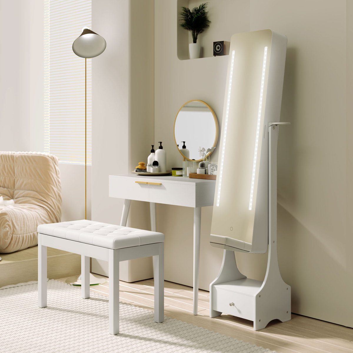 Freestanding Jewellery Storage Mirror Armoire  LED Lights Hooks Drawer