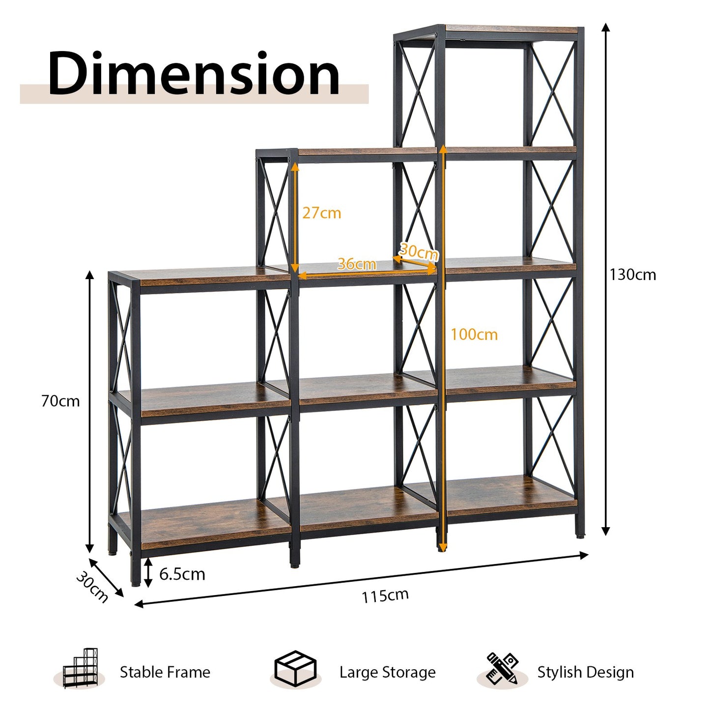 5-Tier Bookshelf 9 Cubes Bookcase with Carbon Steel Frame-Rustic Brown