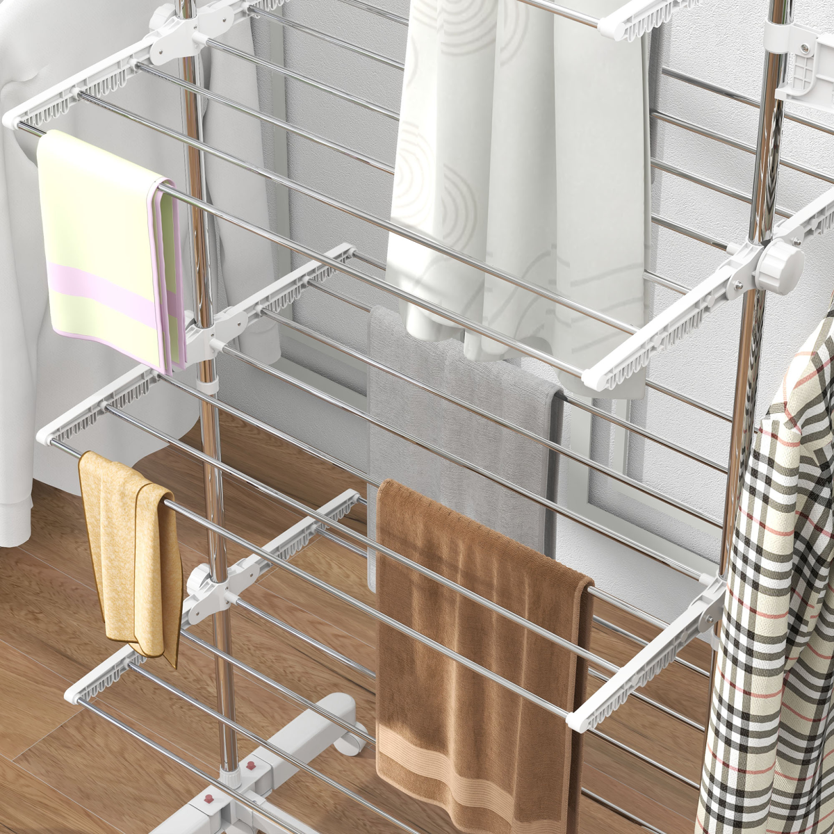 4 Layers Folding Cloth Hanger Stand Rail W/Wheels-White/Silver