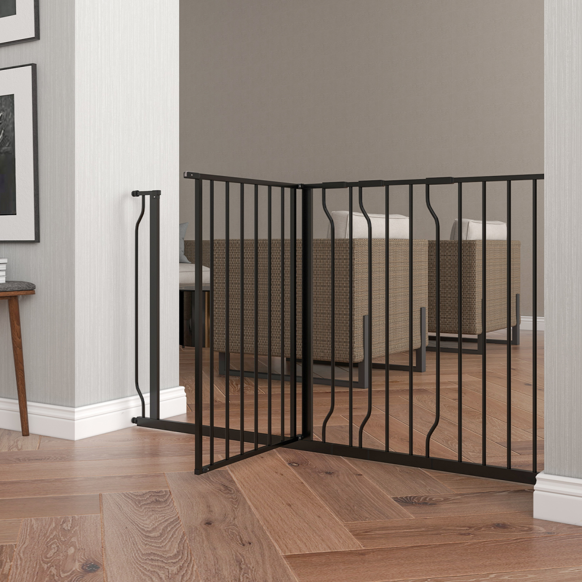 Pet Safety Gate Dog Barrier W/ Door Pressure Fit for Doorways, 75-145W cm, Black