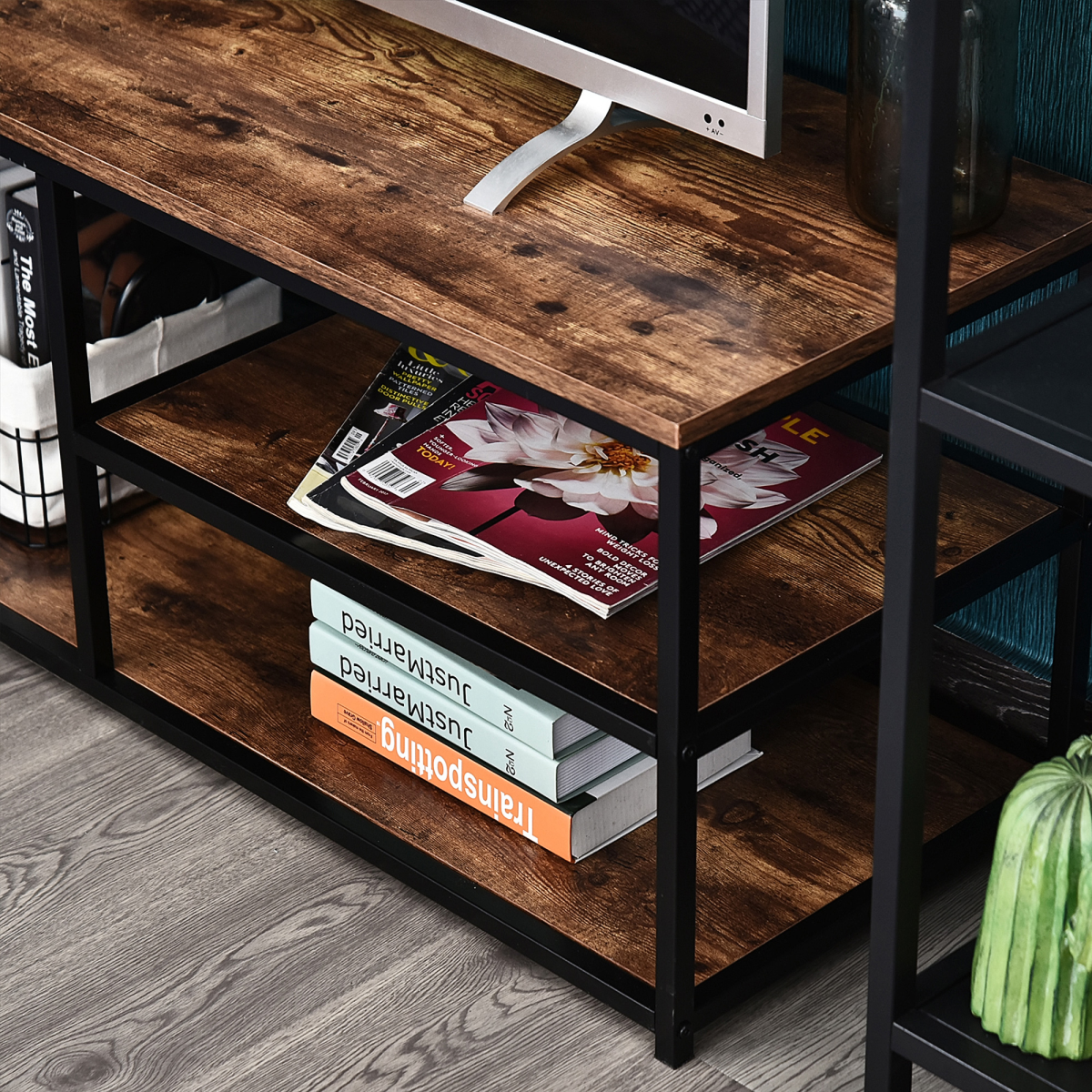 Steel Frame Industrial Style TV Stand w/ Shelf Black/Brown