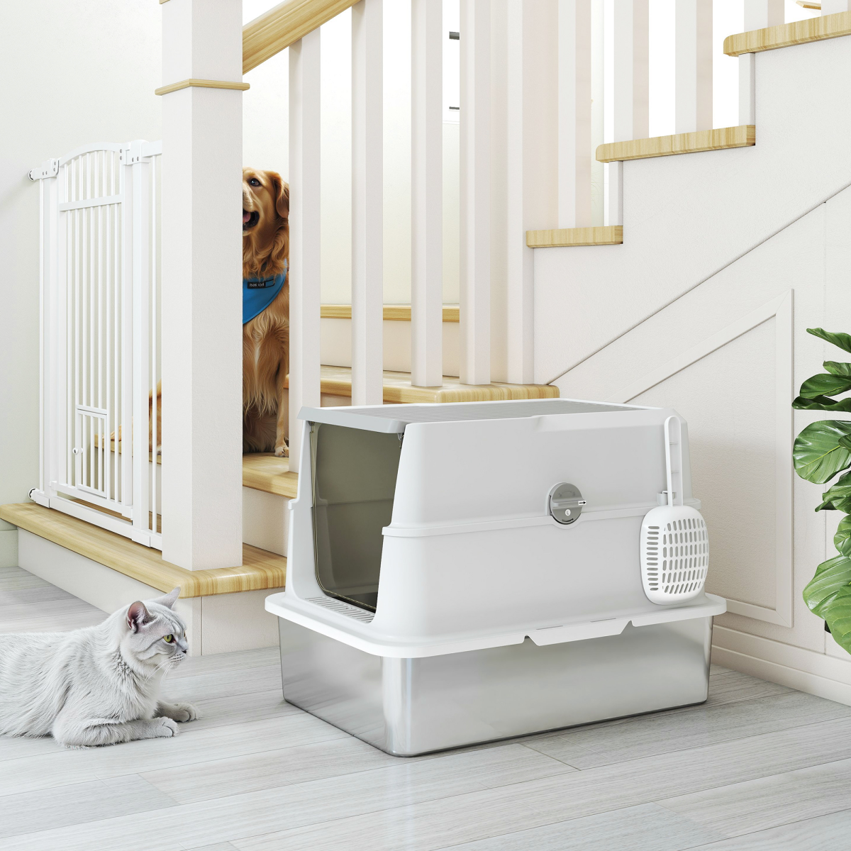 PawHut Extra Large Stainless Steel Cat Litter Tray with Scoop, Flip Top