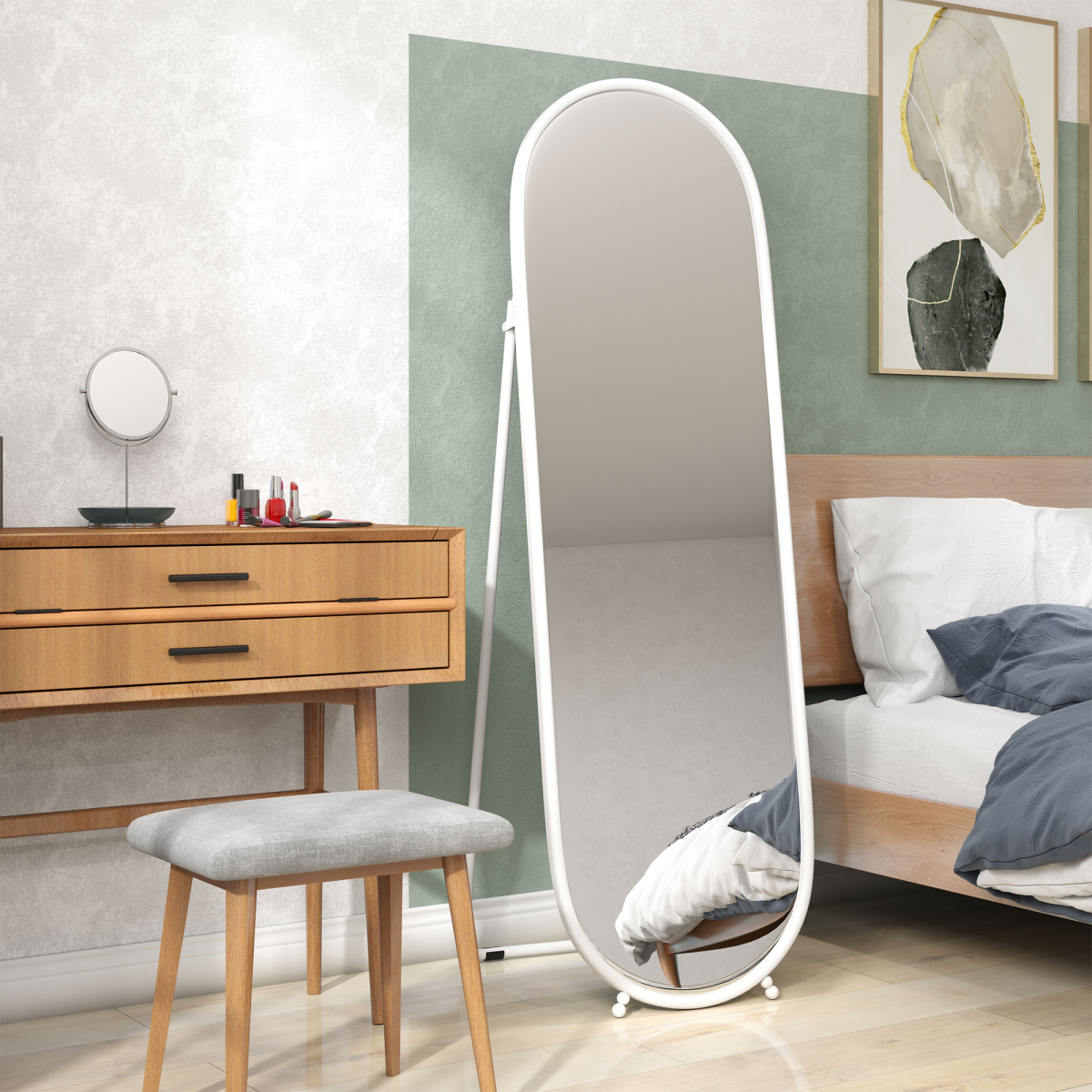 HOMCOM Oval Full Length Mirror with Metal Frame Hanging or Leaning White