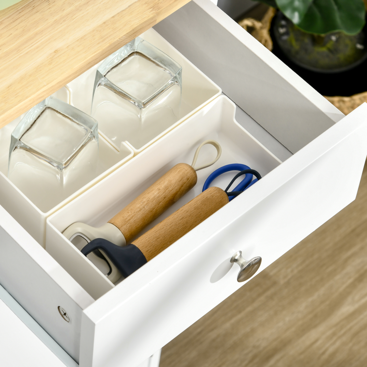 Sideboard with Rubberwood Top, Buffet Drawers and Adjustable Shelves White