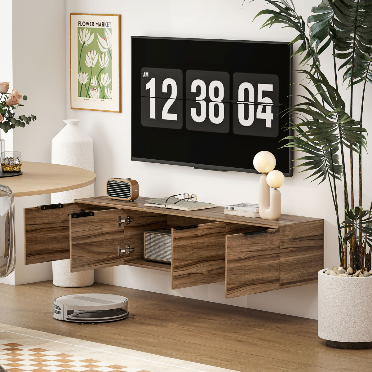 HOMCOM Floating TV Stand Cabinet with Shelves and Doors, Rustic Brown