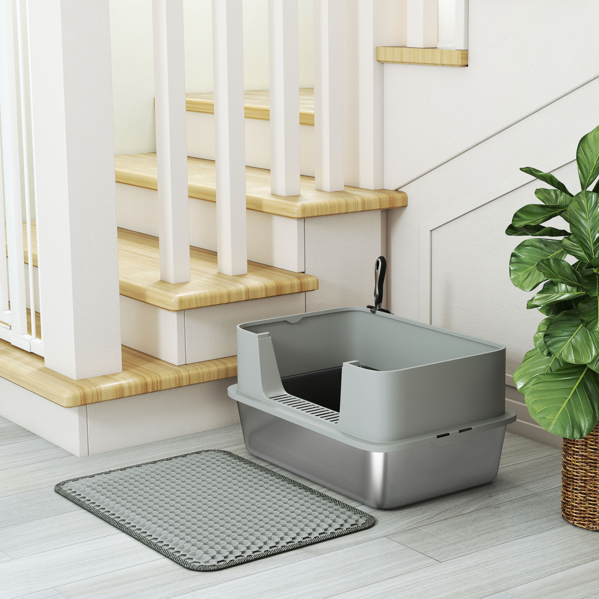 PawHut Stainless Steel Litter Box with Scoop, High Sided Cat Litter Tray