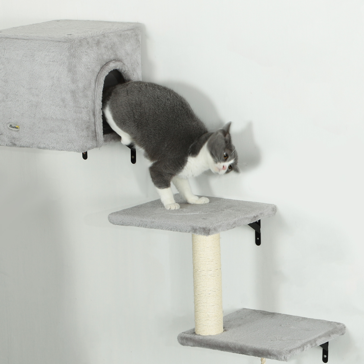 PawHut 6-Piece Cat Wall Shelves Set, Cat Wall Furniture with Condo, Grey