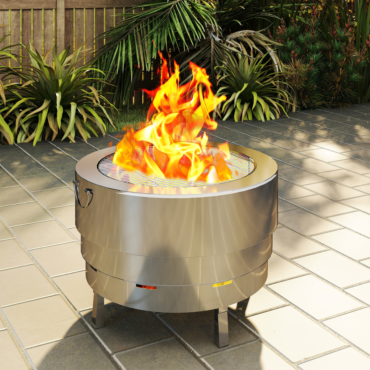 Outsunny Round Fire Pit with Grill Net, Stainless Steel Firepit, Silver