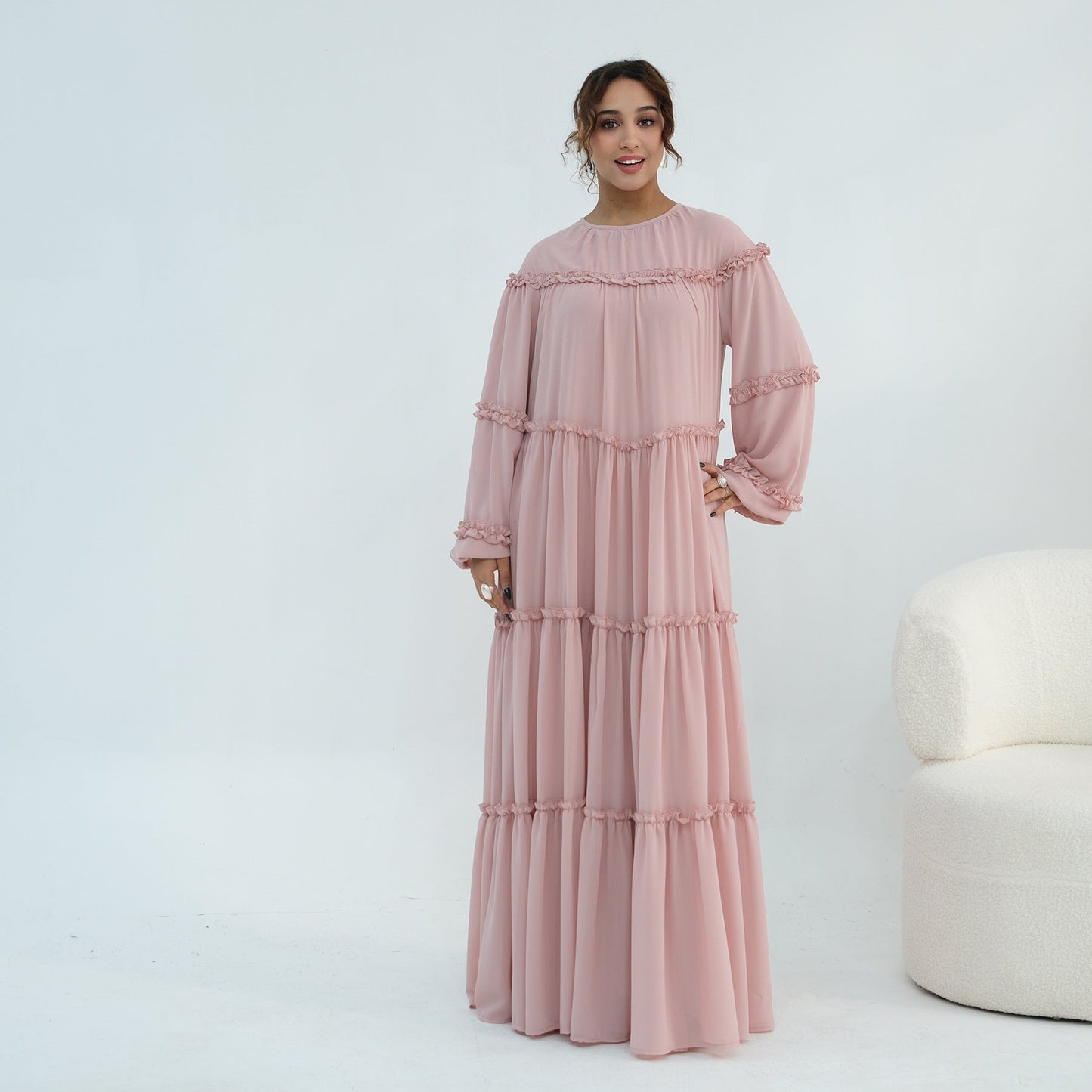 Lace-Trimmed Tiered Modest Dress - Long Sleeve A-Line Maxi
