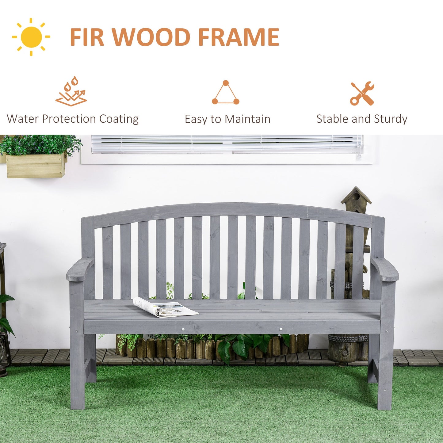 Outsunny 2 Person Garden Bench Wooden Outdoor Furniture with Armrest Grey