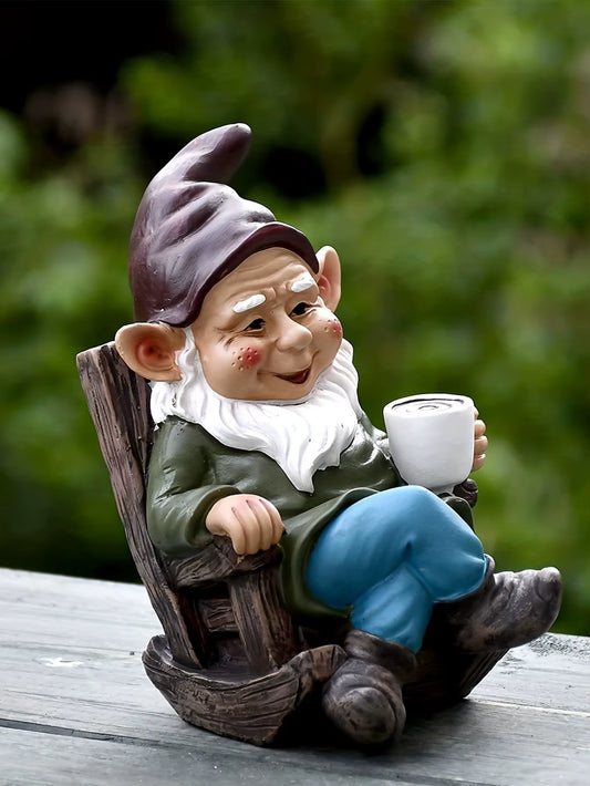1Pc Gnome Dwarf Rocking Chair Ornament Resin Outdoor Garden Decoration Patio Leisurely Drinking Tea Lazy Decoration