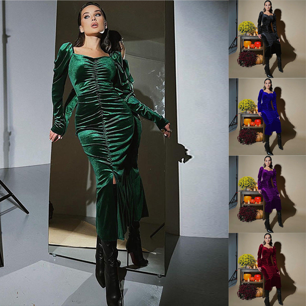 Women's Pleated Slim Fit Slit Long-sleeved Dress