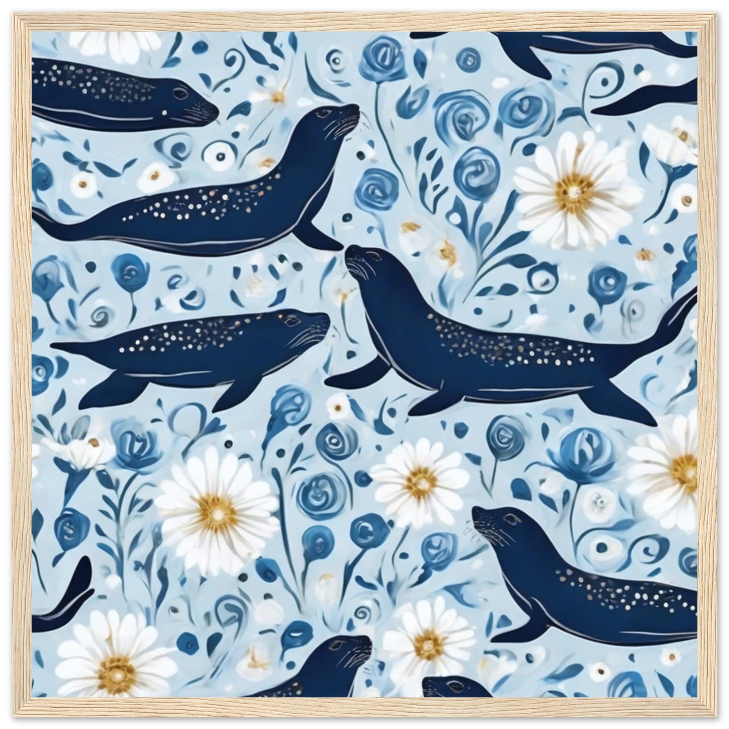 Whimsical Seal and Daisy Framed Wall Art – Coastal Nature Print, Ready to Hang