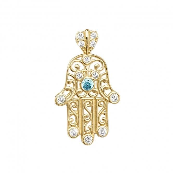 9ct Yellow Gold Hamsa Blue Zirconia Pendant PN067