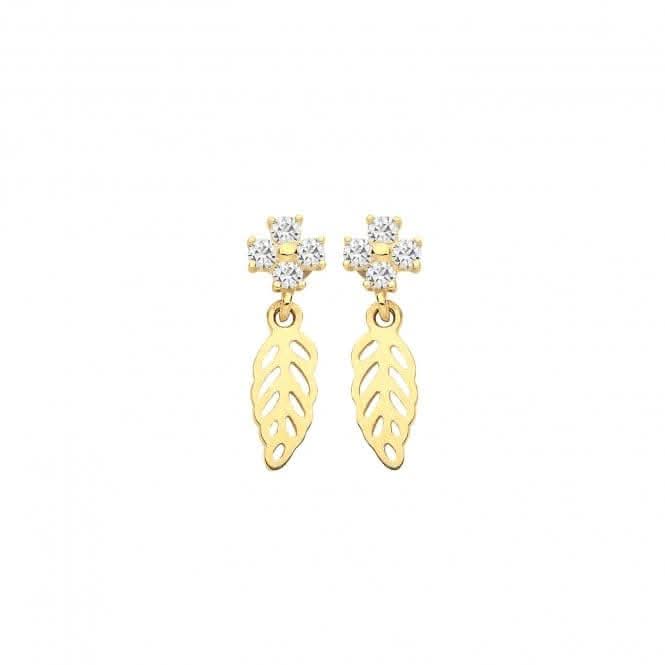 9ct Yellow Gold Zirconia Flower & Leaf Drop Earrings