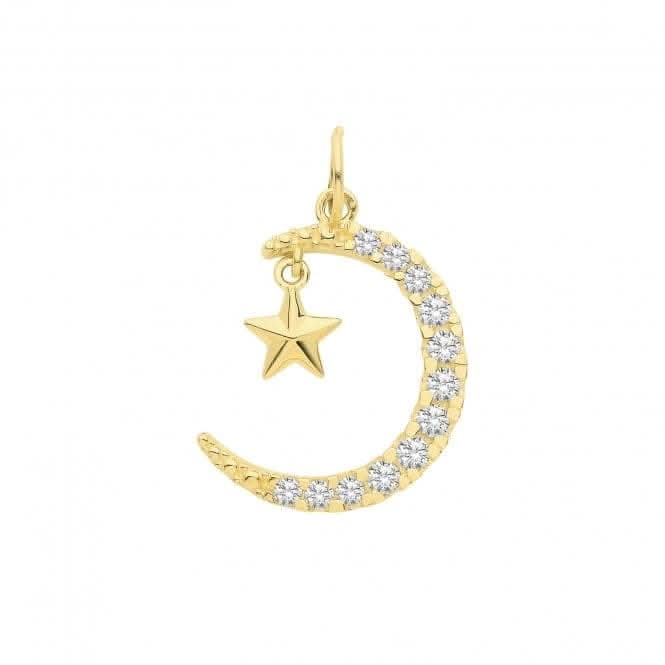 9ct Yellow Gold Zirconia Moon And Hanging Star Pendant PN1284