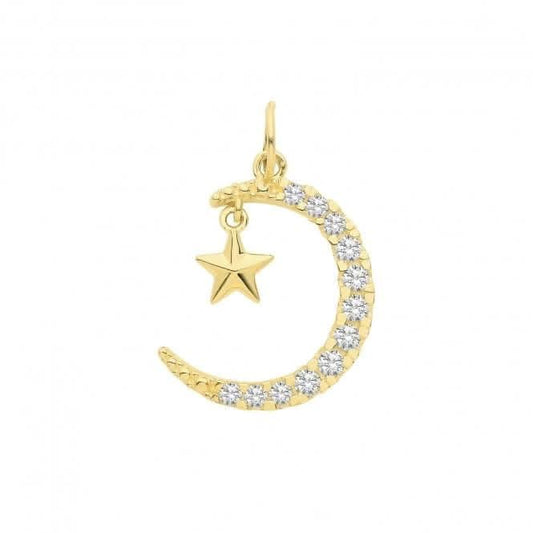 9ct Yellow Gold Zirconia Moon And Hanging Star Pendant PN1284