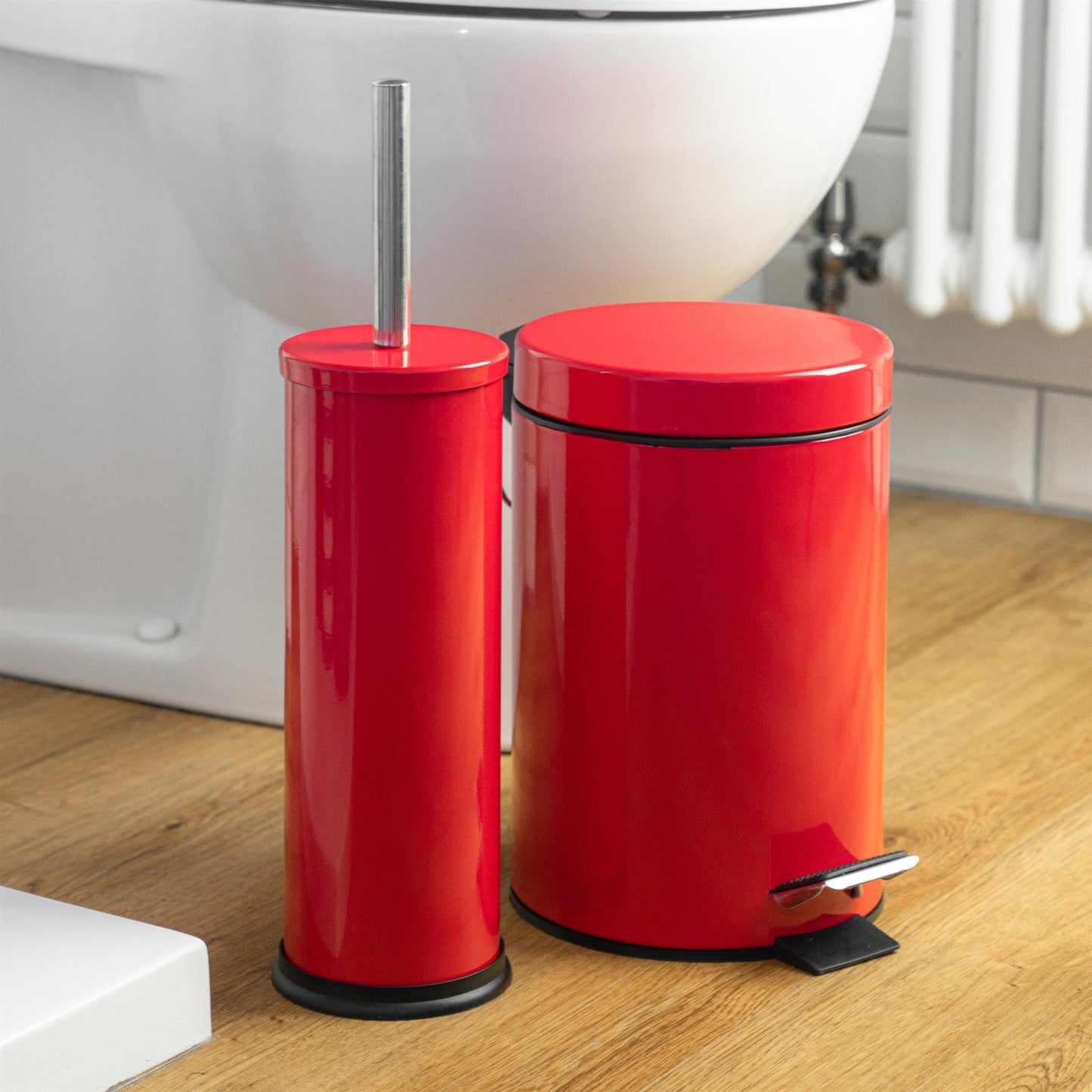 Red Round Stainless Steel Toilet Brush & Bin Set