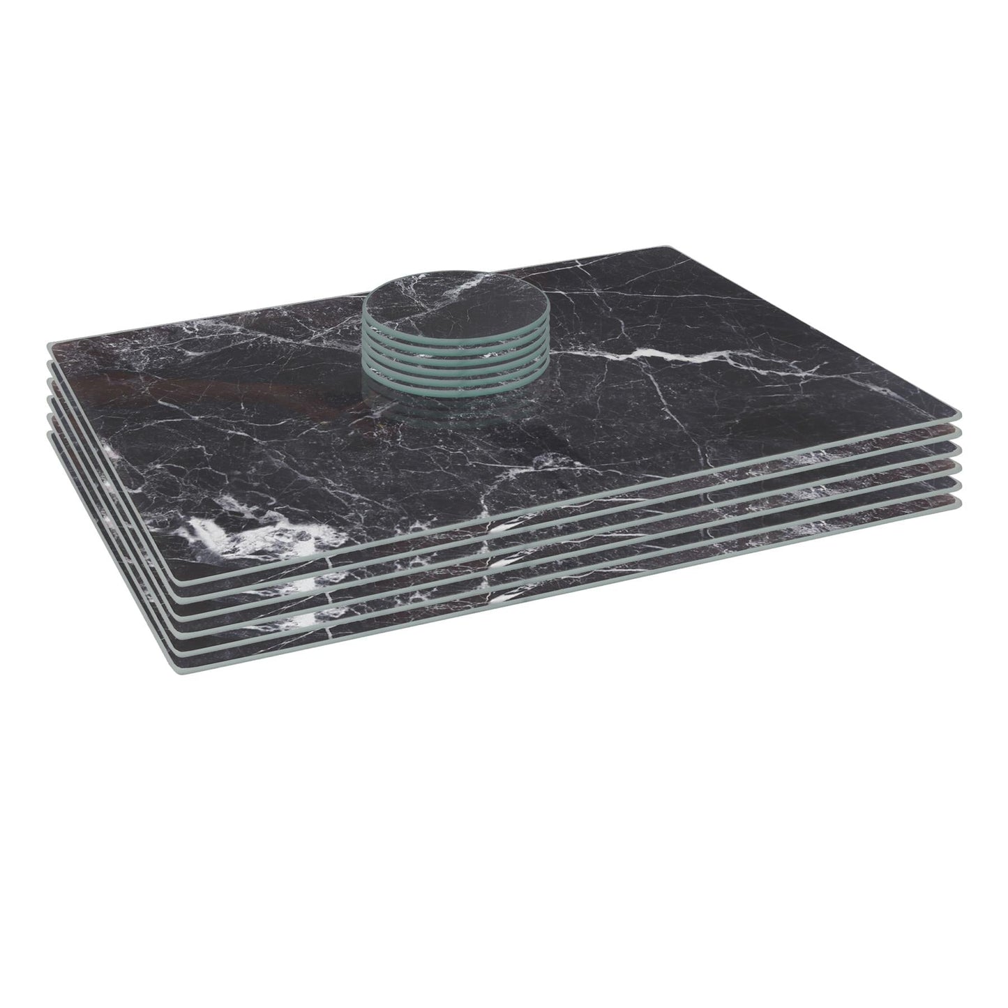 12pc Rectangle Glass Placemats & Round Coasters Set - 40cm x 30cm - Marble