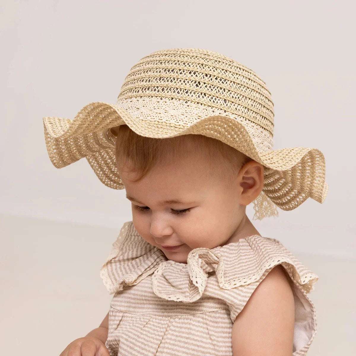 HelloBaby Baby Girl Straw Ribbon Hat - Ecru