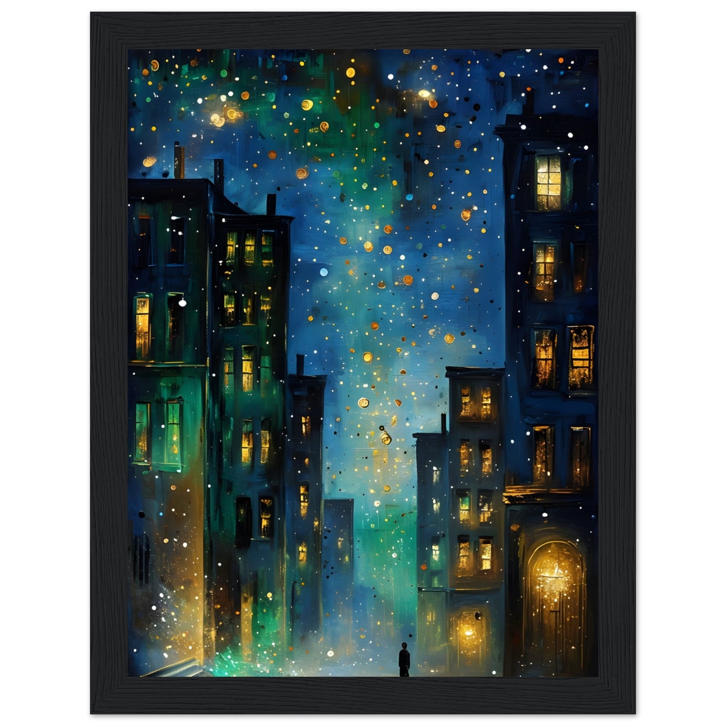 Surreal Urban Night Scene Poster - Vibrant Reflection - Black Framed Art Ready to Hang