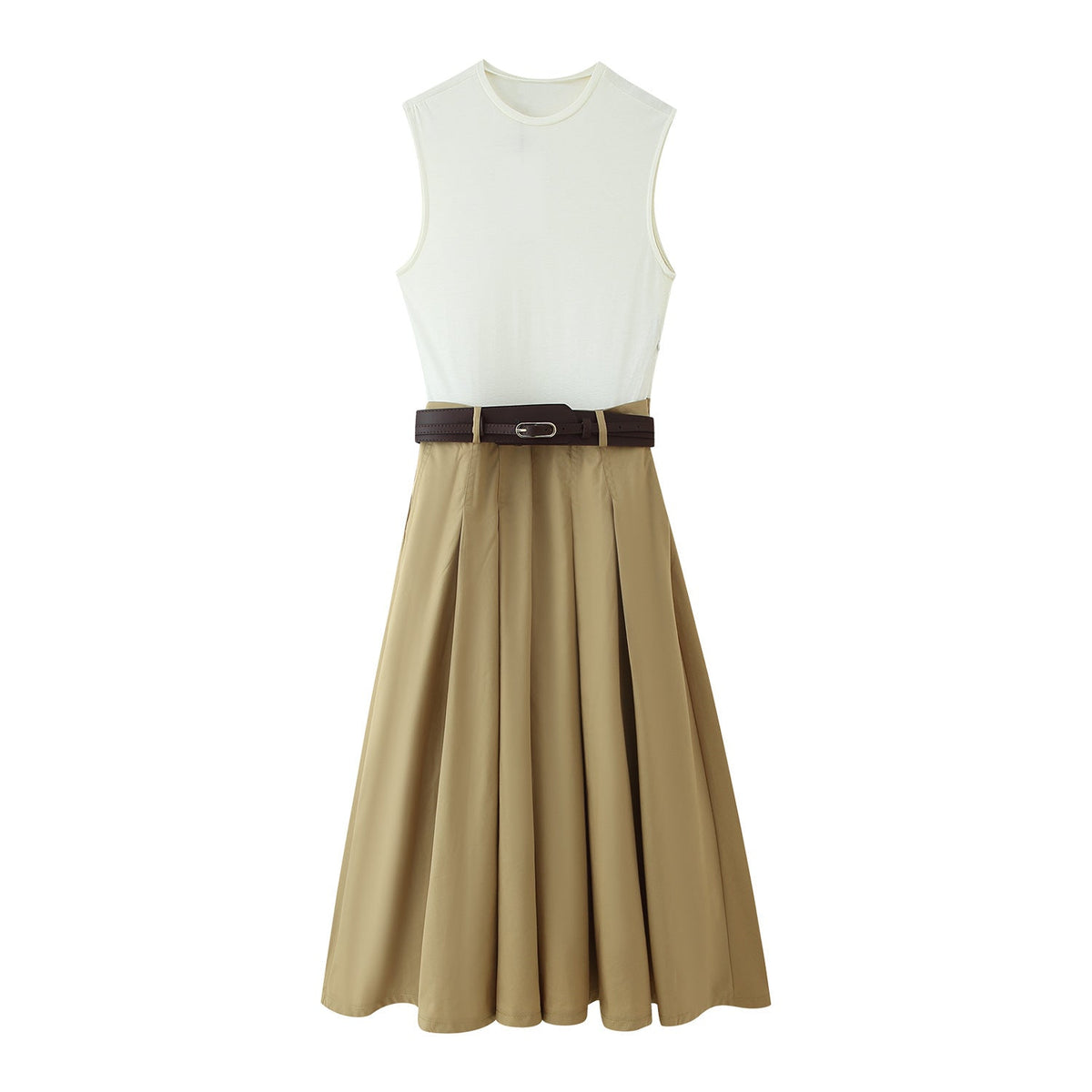 Summer With Belt Patchwork Round Neck Sleeveless Dress