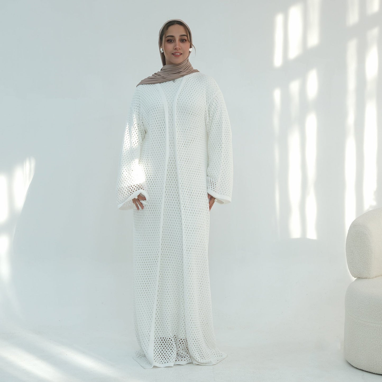 Elegant Hollow-Out Knit Dress - Modest A-Line Long Sleeve