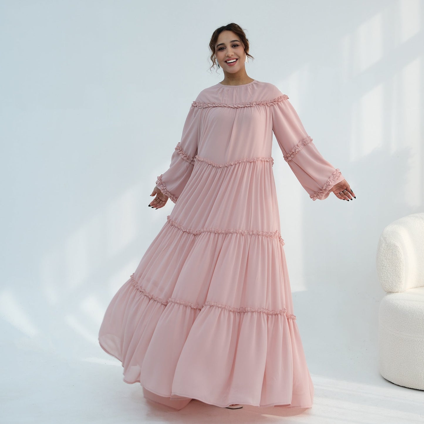 Lace-Trimmed Tiered Modest Dress - Long Sleeve A-Line Maxi