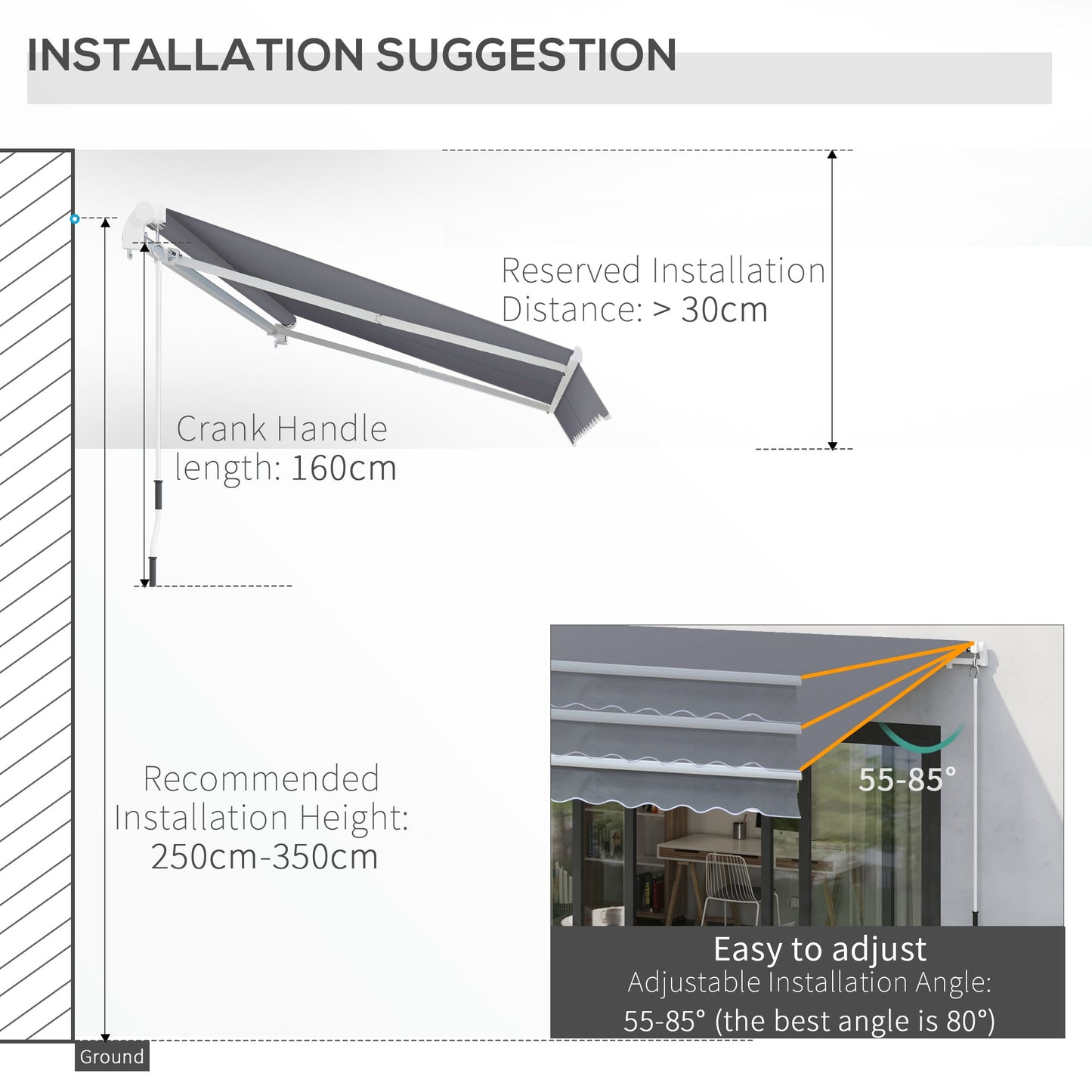 3x2.5m Manual Awning Canopy Sun Shade Shelter with Winding Handle, Grey