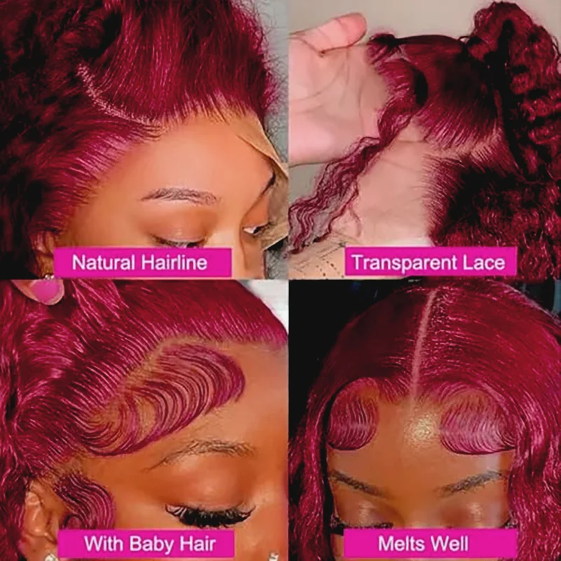 Burgundy 99J Deep Wave Short Bob Wigs 100% Human Hair Wig Water Curly Wig Baby Hair 3x4 Lace Front Human Hair Wig For Women