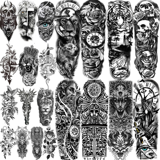 COKTAK 21 Sheets Extra Large Black Temporary Tattoos For Women Adults Greek Myth With 8 Sheets Full Arm Temporary Tattoo Sleeve For Men Maori Warrior