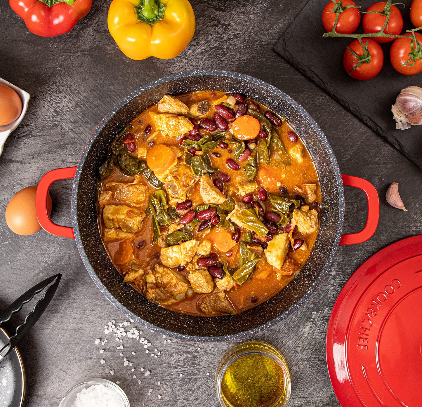 Non-Stick Aluminium Pot with Lid  Sturdy Deep Dutch Oven  Casserole Pot with Ergonomic Handles  4L, 24cm, Red  Oven Safe Cooking Pot  by Nuovva