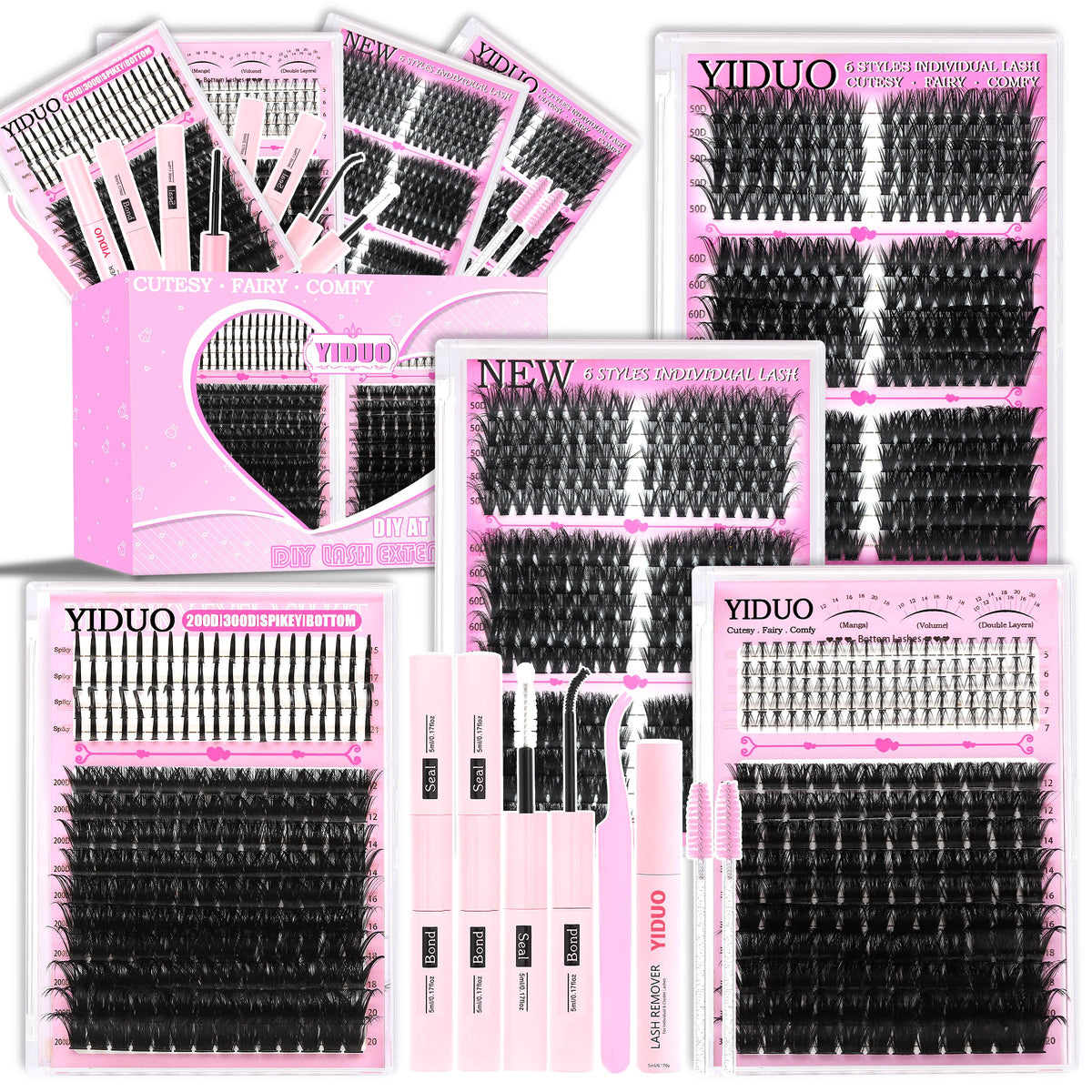 YIDUO Lash Clusters Kit Cat Eye+200D+300D+Spikes+Bottom Fluffy Clusters Lashes Extensions Kit with 2X Bond and Seal 960Pcs 10-20mm Wispy D Curly Thick