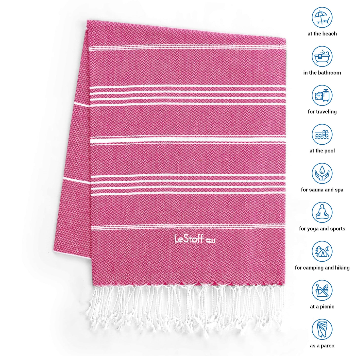 LeStoff 2 Hammam Towels/Beach Towels, Organic Cotton, 95x180, Fuchsia/Beige