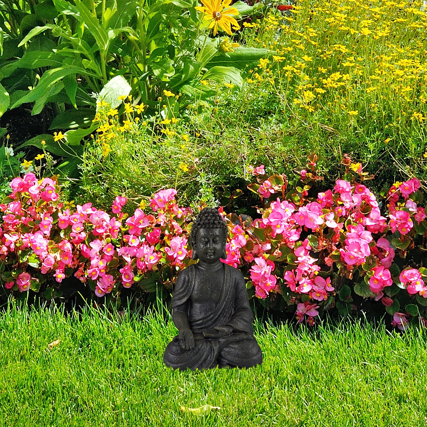 Relaxdays Buddha Ornament Sitting 30 cm high, Garden Decorative Figurine Weatherproof, Frost-proof, Dark Grey, Polyresin