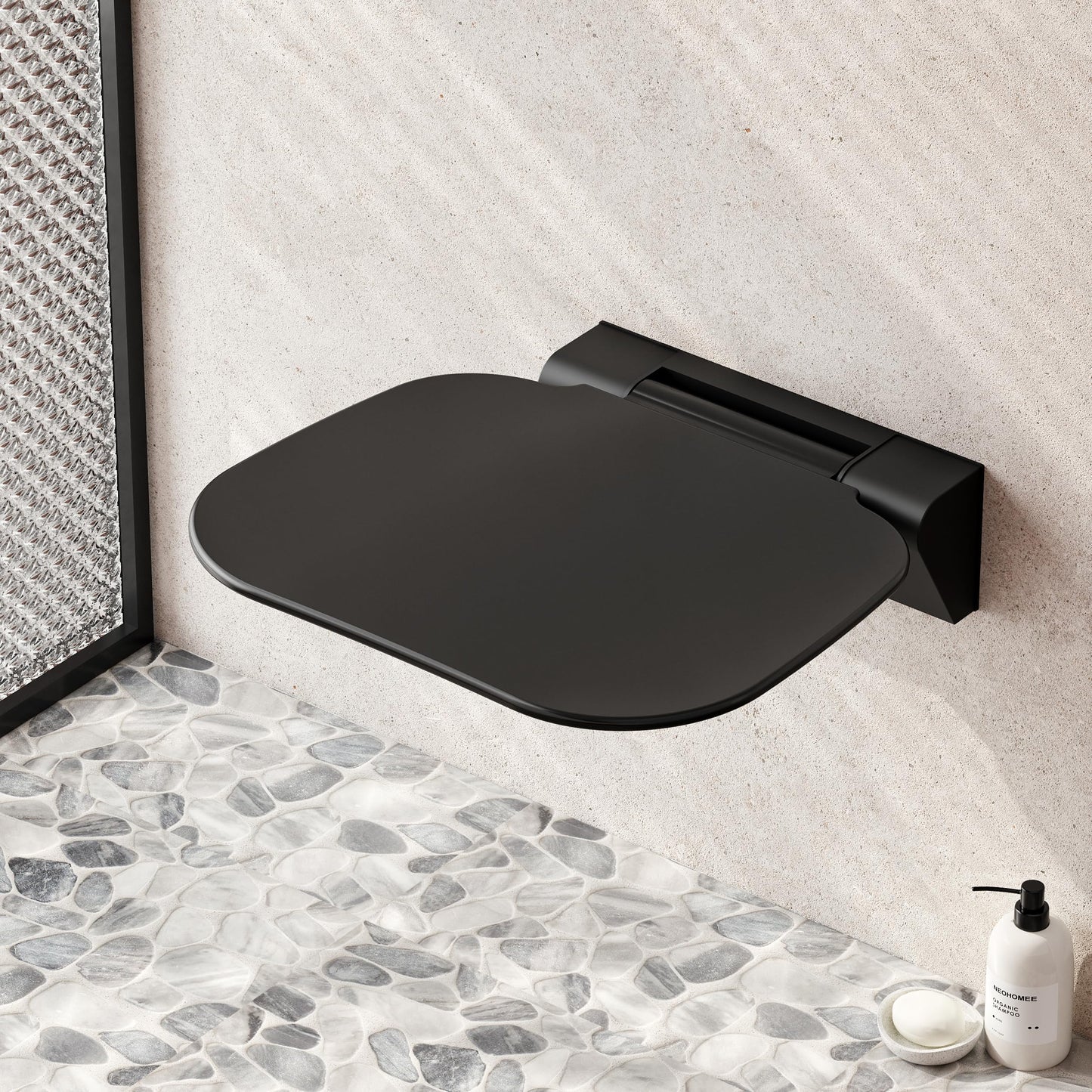 Neohomee Folding Shower Seat Wall Mounted Shower Chair 40x40 cm, Extra-Wide Black Shower Stool for Elderly, 200kg Capacity, Anti-Slip