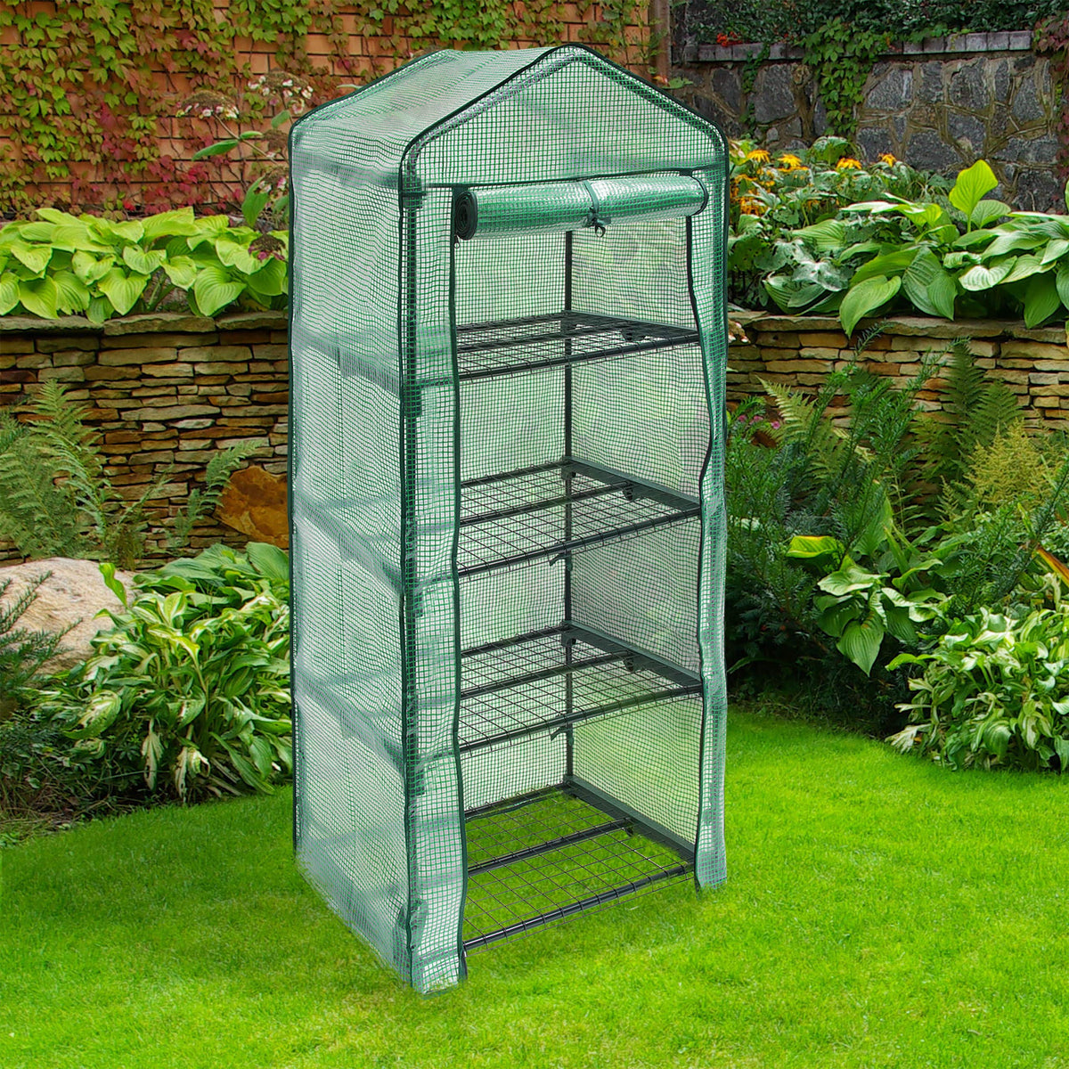 Relaxdays Greenhouse 4 Levels Tear-Resistant Growth Support for Plants, Levels Each of 60 x 46 cm (23.6 x 18.1 in), Green