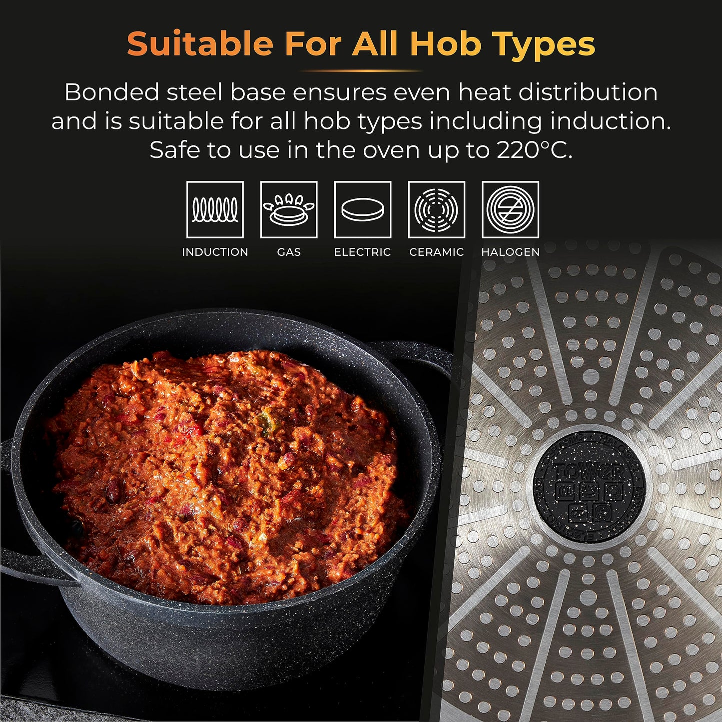 Tower T900192 Precision Casserole Dish with Aluminium Lid, Lightweight Cast Aluminium, 28cm, Black