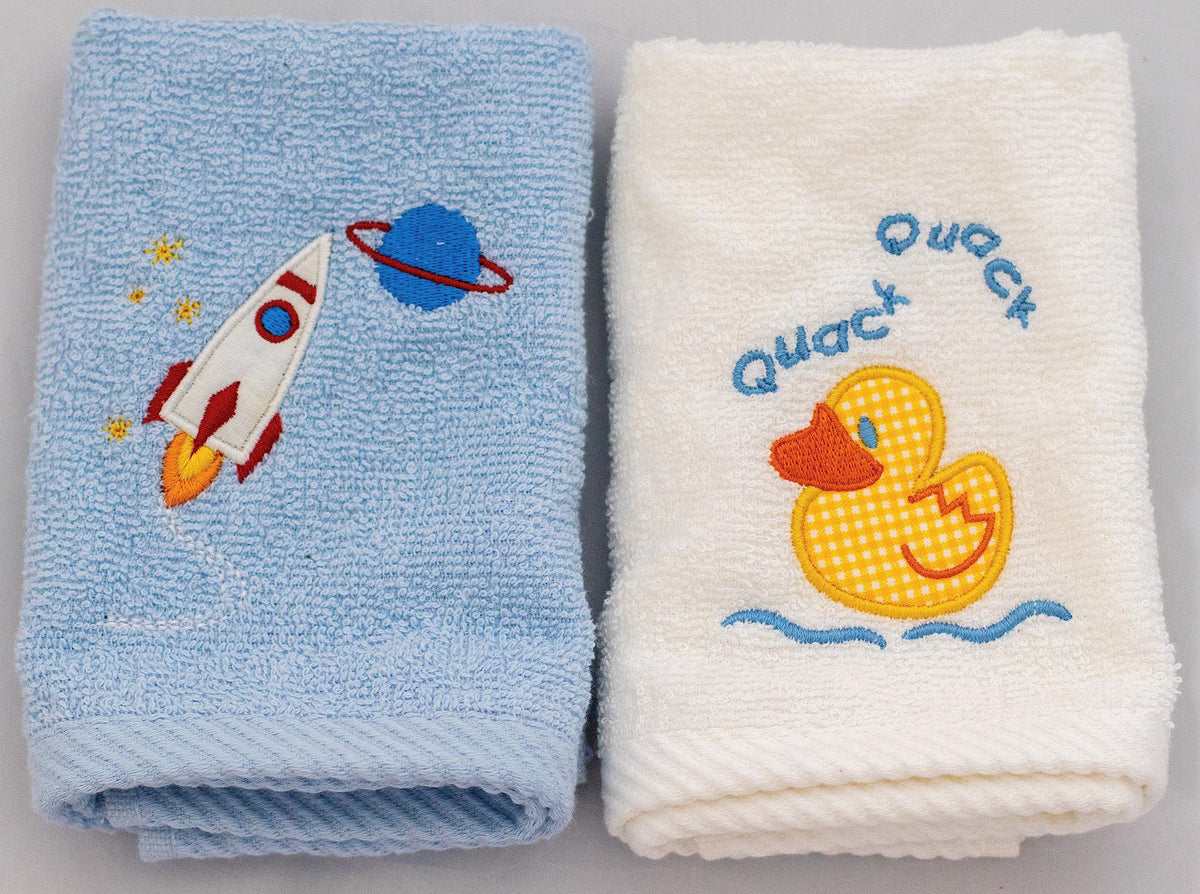 Lex's Linens Pack of 2 Kids Facecloth (1 of Each) (Rocket & Duck)