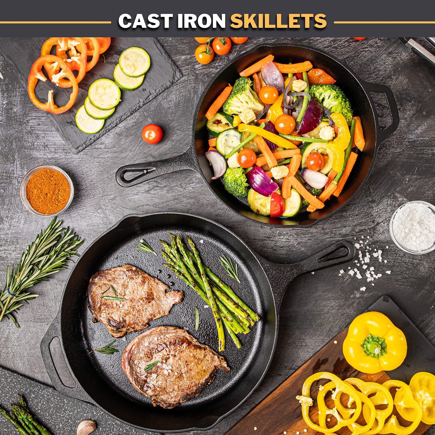 nuovva 2pcs Cast Iron Skillet Set  Pre Seasoned Skillet Frying Pan  Oven Safe Grill Cookware Set for Outdoor & Indoor Use  (Chef Set 10-inch 25cm