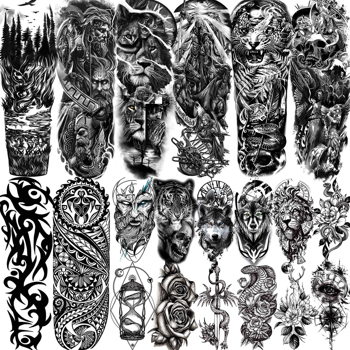 LAROI 20 Sheets Extra Large Full Arm Temporary Tattoos For Men Tiger Black Mamba Snake Leopard Temporary Tattoos Sleeve For Women Adults Lion Warrior
